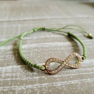 Macrame Mint Olive Green Bracelet lucky charm Infinity Symbol & Clear Crystals